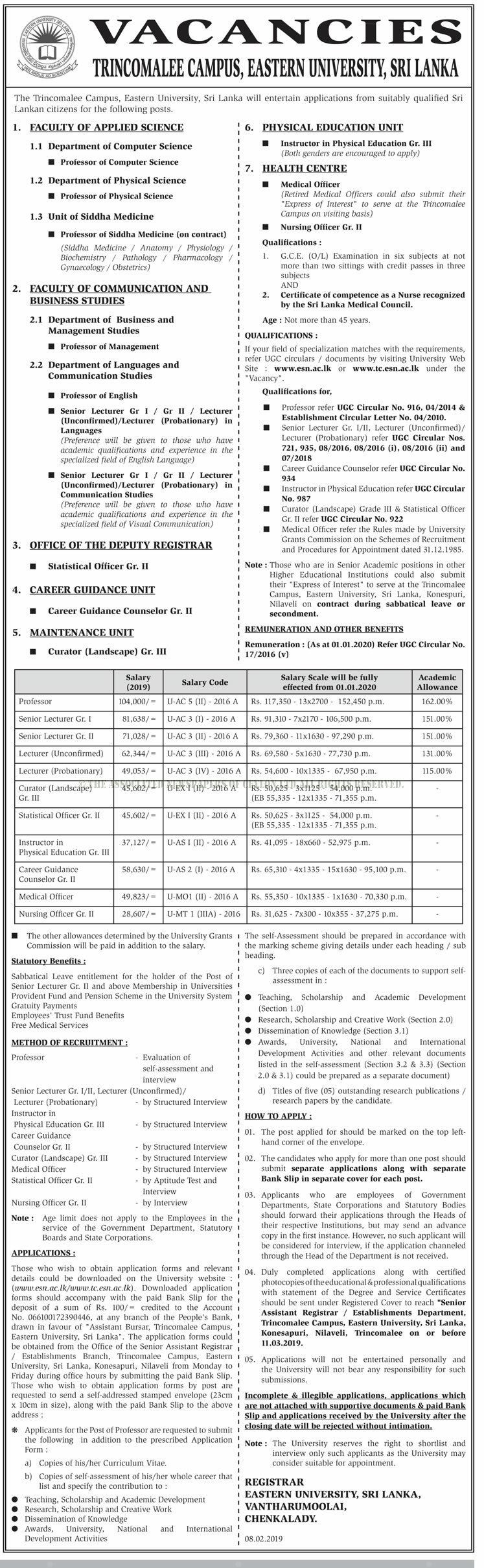 Professor, Senior Lecturer, Lecturer, Curator, Statistical Officer, Instructor in Physical Eduation, Career Guidance Counselor, Medical Officer, Nursing Officer - Eastern University